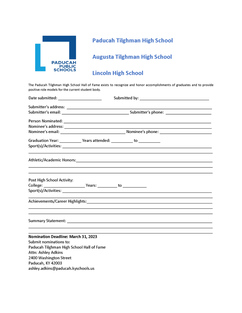 Image of PTHS Hall of Fame Application