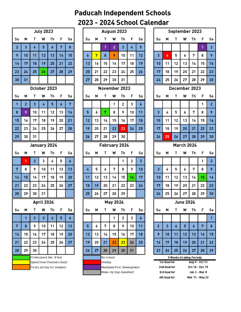 image of 2023-24 color coded calendar